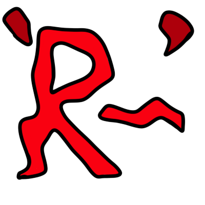 a red, spiky capital letter 'R' in quote marks with a dash after it.